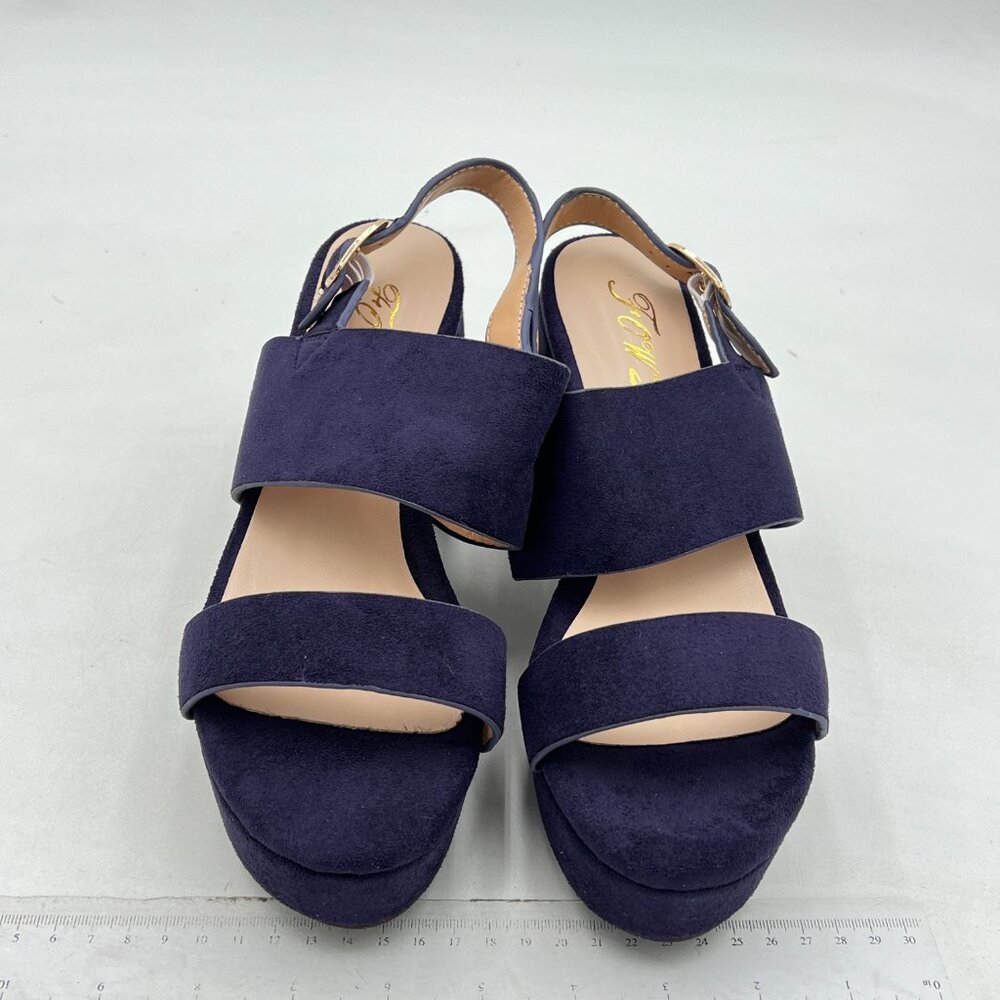 FOWT Navy Open Toe Platfrom Sandals Chunky Heel Slingbacks Buckle Wide Band Shoe - Picture 3 of 8
